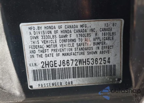 1998 Honda Civic Lx from USA, damaged, VIN 2HGEJ6672WH536254